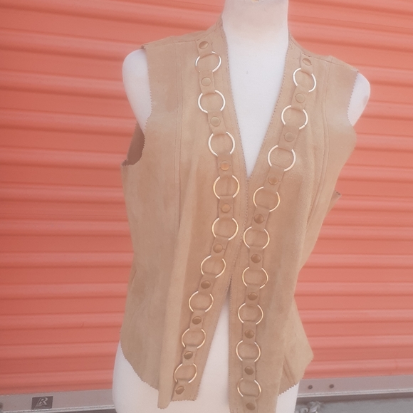 Coachella Hippie Vtg Tan Suede Vest Gold hoops Boho Unisex - Picture 4 of 15